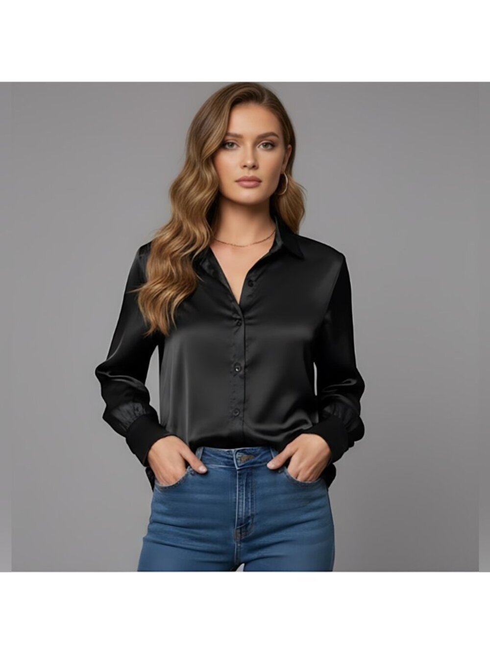 Bishop Sleeve Satin Shirt Black